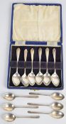 Two sets of six hallmarked silver tea or coffee spoons, one set Sheffield 1945, maker James