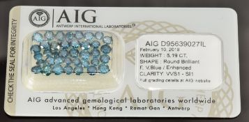 Thirty eight loose round brilliant cut enhanced fancy vivid blue diamonds, total weight 5.19ct, with