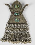 White metal tribal brooch set with turquoise, 75g, 13 x 7cm
