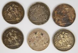 Six Victorian crowns comprising 1887, 3x1889, 1897 and 1898