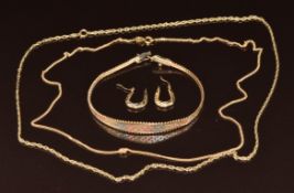 A 9ct gold tri-coloured bracelet, two 9ct gold chains and a pair of 9ct gold earrings, 11.6g
