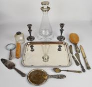 Hallmarked silver mounted items comprising conical decanter, height 32cm, hand mirror back and two