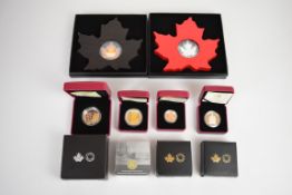 Six Royal Canadian Mint cased silver coins comprising 2015 and 2016 1 ounce Maple Leaf coins in