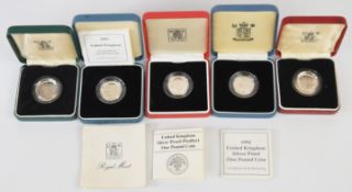 Five Royal Mint cased limited edition silver proof £1 coins comprising two 1983, 1987 Piedfort, 1994