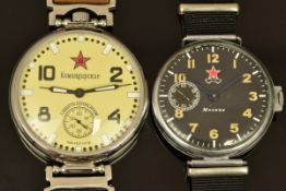 Two Molnija Russian gentleman's military style wristwatches, each with subsidiary seconds dial,
