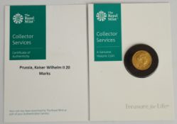 1893 Prussian Kaiser Wilhelm II 20 Mark gold coin, in Royal Mint Collector Services blister pack,