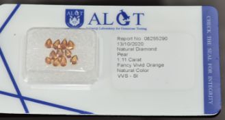 Eleven loose pear cut natural fancy vivid orange diamonds, total weight 1.11ct, with certificate
