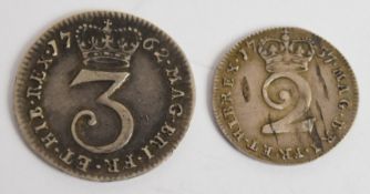 1737 George II Maundy two pence, together with George III Maundy threepence