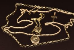 Three 9ct gold chains, two 9ct gold lockets and 9ct gold cross, 15.8g