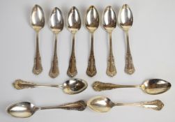 Set of ten American silver teaspoons with foliate decoration, marked sterling, length 15cm, weight