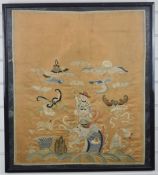 19thc Chinese embroidery with dragon and bat decoration, 67 x 57cm
