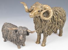 Highland cow and sheep figures, possibly Frith Sculpture but unmarked, tallest 19cm