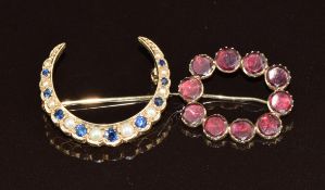 Victorian brooch set with foiled garnets (1.8g, 2.2cm) and a crescent brooch set with sapphires