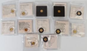 Twelve 0.5g miniature 585 gold coins to include Elizabeth II commemorative, 20 years of the Euro,