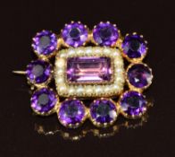 Edwardian brooch set with amethysts and seed pearls, 7.9g, 2.7 x 2.3cm