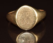 A 9ct gold signet ring, 5.6g (band cut)