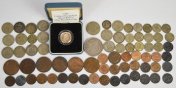 135g pre 1947 silver coinage, 1921 Morgan dollar, cased Royal Mint 1991 proof silver £1 coin and a