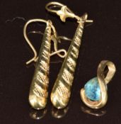 A pair of 9ct gold earrings and 9ct gold pendant set with topaz, 2.3g