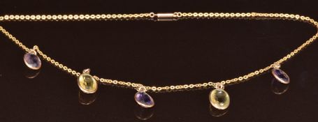 Edwardian necklace set with oval cut citrines and amethysts with barrel clasp, 7.5g, 38cm