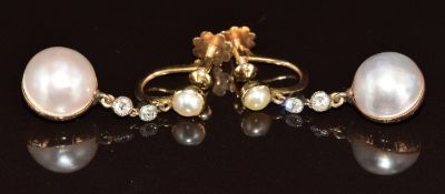 A pair of Victorian yellow metal earrings each set with pearls and old cut diamonds, 6.4g