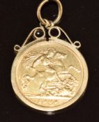 1909 gold half sovereign in 9ct gold pendant mount, 5.3g