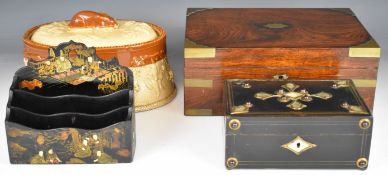 A rosewood box, Chinese stationery stand, mother of pearl inlaid gilt metal and cabochon decorated