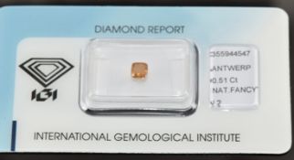A loose 0.51ct cushion brilliant cut natural fancy deep orange diamond, with certificate