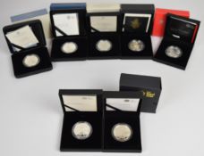 Seven cased limited edition Royal Mint proof 1 ounce silver coins, comprising 2010, 2020 and 2021