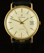 Rodania 9ct gold gentleman's wristwatch with date aperture, gold hands, two-tone baton hour markers,