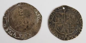 James I hammered shilling 1603-1625 together with a Charles I example 1625-1649 (holed)