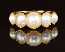Victorian 18ct gold ring set with five split pearls, 5.9g, size N