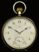 Omega hallmarked silver keyless winding open faced pocket watch with subsidiary seconds dial,