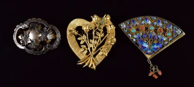 Chinese filigree gilt brooch in the form of a fan set with enamel, coral and turquoise, Miriam