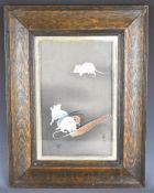 Ohara Koson (Japanese, 1877-1945) colour woodblock print three mice and a feather, 30 x 19cm