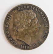 1819 George III crown with LIX, Decus Et. Tutamen edge, near EF toned