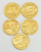 Five 1963 18k gold Venezuela medals, each depicting a Venezuelan scene and maps of the country,