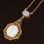 A 9ct gold c1915 necklace set with two opal doublets in a pierced setting, 4.6g, 42cm