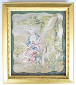 19th century needlework or tapestry picture of a lady on a bench beside a tree in a garden, in
