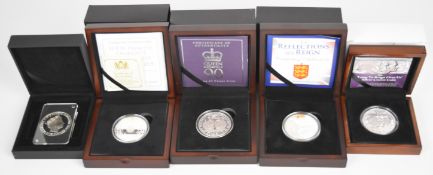 Five cased proof silver 28.28g £5 and similar coins comprising 2015 Princess Charlotte, 2018