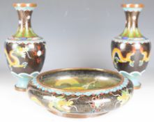 A pair of Chinese cloisonné vases and a pedestal bowl with mark to base, tallest 25cm