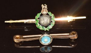 A 15ct gold Royal Marines brooch (3.2g, 4.8cm) and a 9ct gold brooch set with enamel and a pearl (