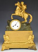 19th century French mantel clock surmounted by a gilt model of Napoleon on his horse, named to the