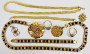A silver gilt necklace and bracelet, gold plated necklace and bracelet, silver filigree pendant