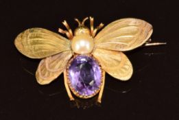 A c1900 15ct gold brooch in the form of a fly set with an oval cut amethyst and pearl, with engraved