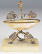 A 19thC Palais Royale mother of pearl, ormolu / brass and alabaster pin dish with suspension loop,
