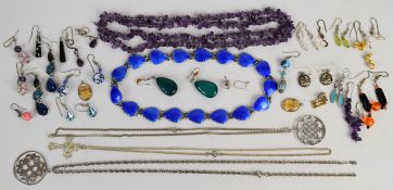 Norwegian silver necklace set with blue enamel, two silver pendants, filigree silver cross, amethyst