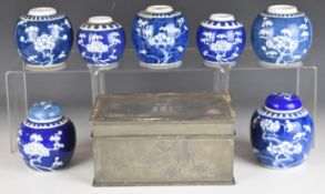 Collection of Chinese ginger jars and a pewter box marked Kut Hing Swatow to base, tallest 18cm
