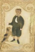 19thC felt, lace and embroidery montage of a boy with his dog 'I vow to be constant and true, to