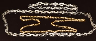 A 9ct gold curb link necklace (2.4g, 46cm) and silver necklace with matching bracelet, 15g