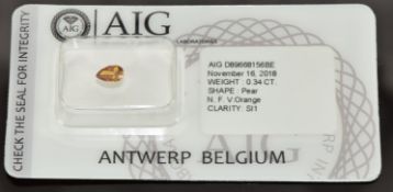 A loose 0.34ct pear cut natural fancy vivid orange diamond, with certificate